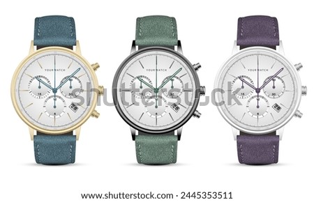 Realistic watch clock gold silver dark steel face black number with blue green purple arrow leather strap on white design collection set classic luxury vector illustration.