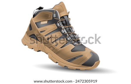 Realistic grey fabric brown leather rubber hiking shoe safety rubber fabric on white design for men vector illustration.