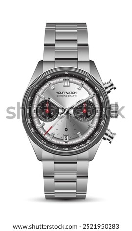 Realistic silver clock watch chronograph black red arrow white number design luxury classic for men on isolated background vector illustration.