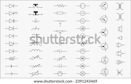 Set of electronic circuit symbols. Schematic circuit diagrams or electronics component or sparepart