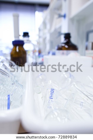 chemistry lab (shallow DOF; focus on the glassware in the foreground)