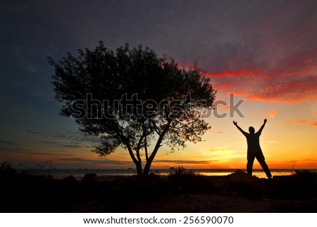 A silhouette lone tree and man with arms wide open on sunset background