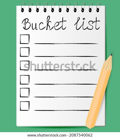 Template of bucket list in notepad with pencil. Vector illustration.