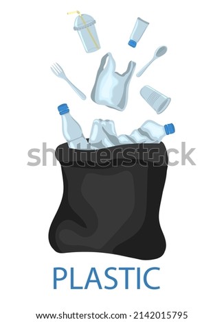 Plastic Waste And Garbage. Hand-drawn big black plastic bag with plastic waste. Garbage bag. Waste sorting concept. Vector illustration
