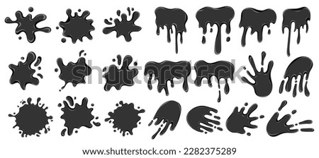 Black paint blots collection. Cartoon paint splatters and ink splashes. Decorative element for your design. Vector illustration