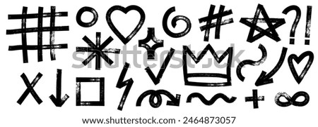 Collection of charcoal graffiti doodle punk and girly shapes. Bold marker brush drawn various doodle elements for templates and collages. Punk and grunge style.