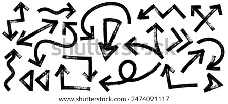 Brush, marker drawn bold arrows set. Collection of hand drawn doodle  thick arrows in different directions.