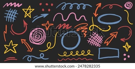 Colorful charcoal graffiti doodle shapes on black. Hand drawn set of abstract scribbles and squiggles, creative various shapes, pencil drawn icons. Scribbles, scrawls, stars, arrows, curly lines.