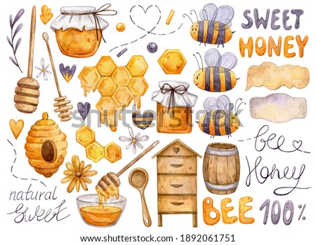 Watercolor hand painted Honey Bee set. Illustration isolated on white background. Honey, honeycomb, beehive, bee. Use it for postcards, invitations, and scrapbooking.