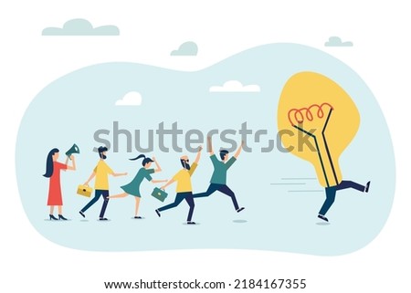 Vector colorful illustration, unattainable thought, search for new solutions, running away idea, company of people catches up with a light bulb vector