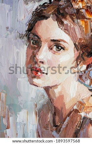 Young woman with beautiful mysterious brown eyes. Textured art. Fragment of oil painting. 