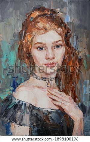 Art painting. Portrait of a girl with red hair is made in a classic style. Background is blue.