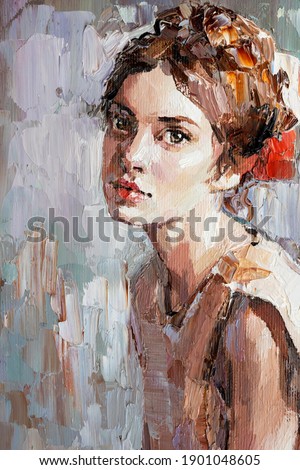 Young woman with beautiful mysterious brown eyes. Textured art. Fragment of oil painting. 