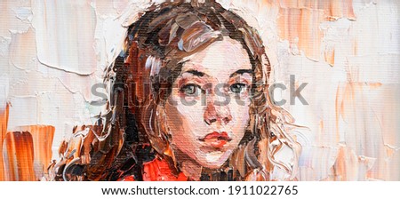 Fragment of an oil painting.  Portrait of a woman. The art is done in a realistic manner.