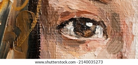 Fragment of art painting. Portrait of a girl with blond hair is made in a classic style. A woman's face with red lips.