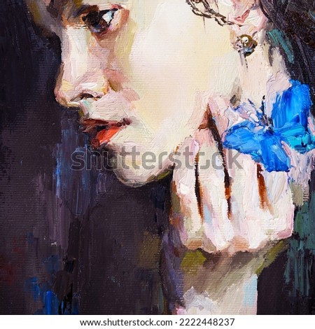 Little girl with blue butterfly on her hand. Palette knife technique of oil painting and brush.                       