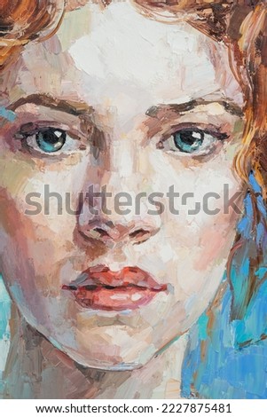 Fragment of art painting. Portrait of a girl with red hair is made in a classic style. A woman's face with blue eyes.