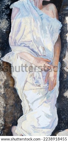 The girl lies in an earthen pit. A clothed woman with red hair. Oil painting portrait with biblical melancholic subject. Fragment of a painting with hands.
