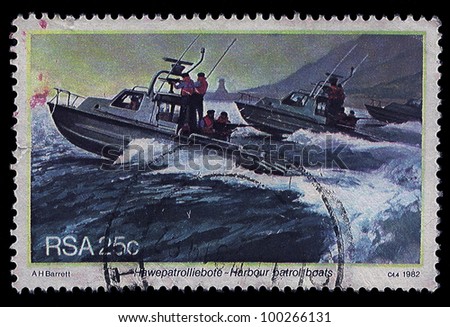 SOUTH AFRICA - CIRCA 1982: A stamp Printed in South Africa shows harbour speed patrol boats with navy machine gunners on board, circa 1982