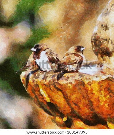 Oil Painting Small Mossie Birds Taking Afternoon Bath in Bird Bath