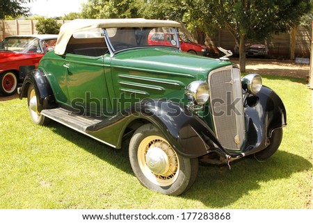 RUSTENBURG, SOUTH AFRICA - FEBRUARY 15:  Green 1934 Chevrolet Roadster Driver Side View in Private Collection Philip Classic Cars on February 15, 2014 in Rustenburg South Africa.