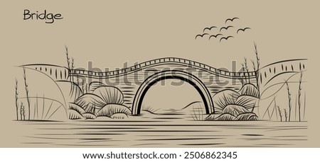 arch bridge, ancient bridge made of boulders, Retaining wall or fence, artistic brush art bridge. black and white, isolated gray, art sense, natural environment bridge sense,