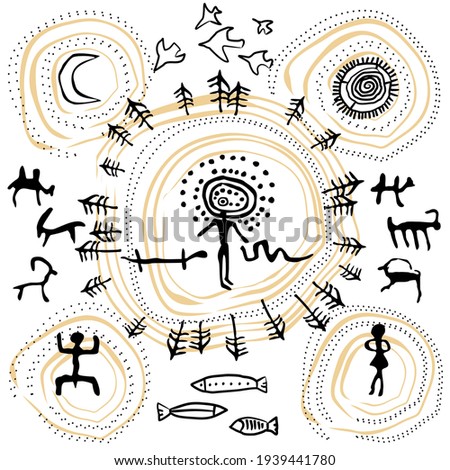 Drawings of primitive people. Archeological Rock painting. Foto stock © 