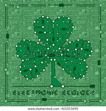 banner from abstract drawing in form shamrock clover with elements computer and motherboard for holiday st patrickâ??s day
