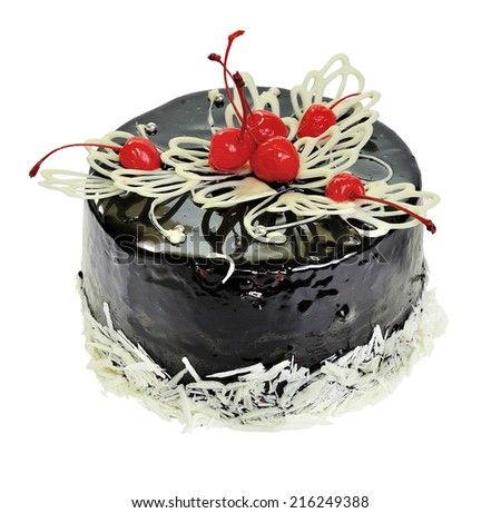 Chocolate cake with cherries on a white background.Culinary product