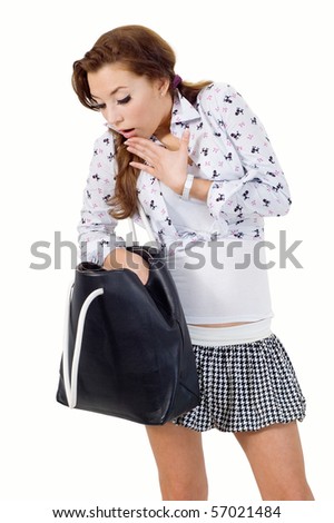forgetful woman with a bag on a white background.women\'s emotions