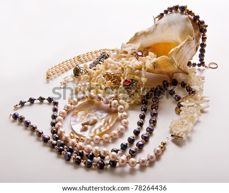 woman decorations in a shell on a white background .beads, rings, pearls.