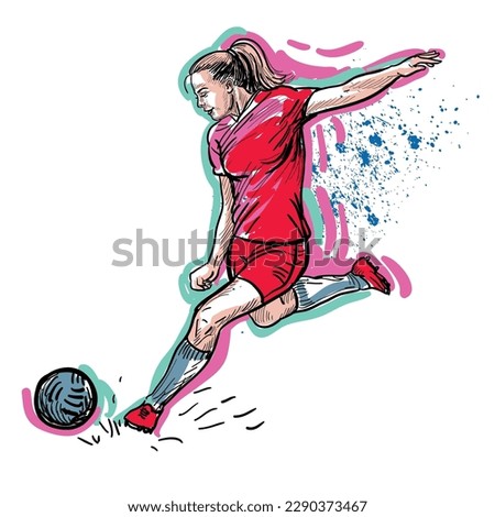 soccer. Women's football. Hand-drawn illustration. Female athletes in red uniforms playing football on the field. feminism