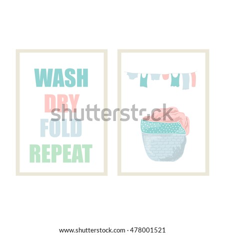 Laundry room art print. Posters for laundry room. Set of 2 Laundry wall art. Laundry basket and clothesline print. Wash Dry Fold Repeat. 