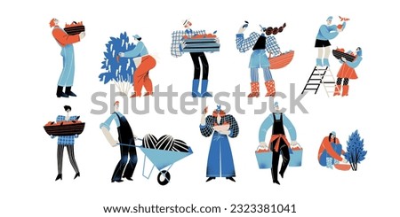 Set of vector illustrations of people picking fruits and berries. Farmers with baskets, buckets, boxes and a wheelbarrow. Harvest time.