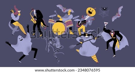 Party of the unclean. Witch, vampire, zombie and ghost dancing in front of band from hell. Halloween illustration. Cartoon characters in flat style