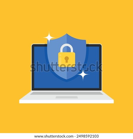 Shield with padlock icon on computer screen. Web security modern flat vector stock illustration.