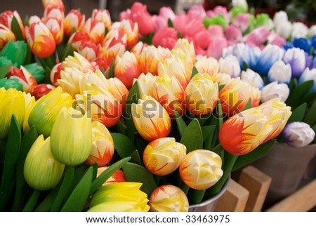 Wooden tulips in Amsterdam flower market.