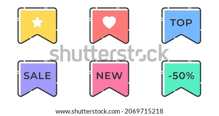 Set of vector bold dashed outline stroke tags or labels. Rectangular ribbon bookmark shape. Nice and cute design template with colorful elements.