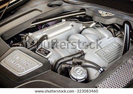 BERLIN - AUGUST 17, 2014: Bentley Mulsanne\'s 6.75 liter V8 twin-turbo engine. Engine produces 512 hp of power. The Bentley L Series engine is one of the oldest automobile engines still in production