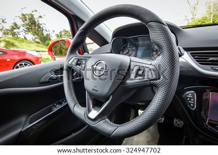 BIBAO, SPAIN - MARCH 28, 2015: 2015 model year Opel Corsa OPC at the test drive event on March 28, 2015 in Bilbao, Spain. Photo of the steering wheel.