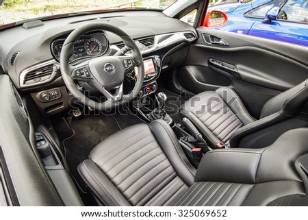 BIBAO, SPAIN - MARCH 28, 2015: 2015 model year Opel Corsa OPC at the test drive event on March 28, 2015 in Bilbao, Spain. Photo of the interior.