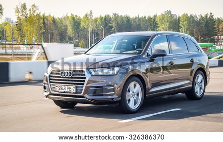 MINSK, BELARUS - AUGUST 28, 2015: 2015 model year all-new Audi Q7 3.0 TFSI at the test drive in Minsk, Belarus. Audi Q7 SUV is powered by 3.0 liter supercharged engine, which produces 333 hp of power.