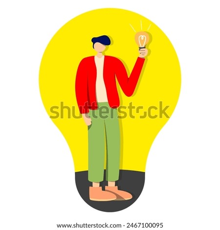 a man holding a light bulb. get an idea, inspiration, creative. flat vector asset simple hand drawn illustration