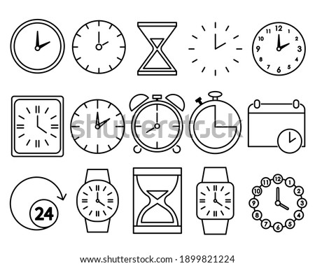 Time icons set. Clock pictogram. Flat symbol for web. Line stroke. Isolated on white background. Vector eps10