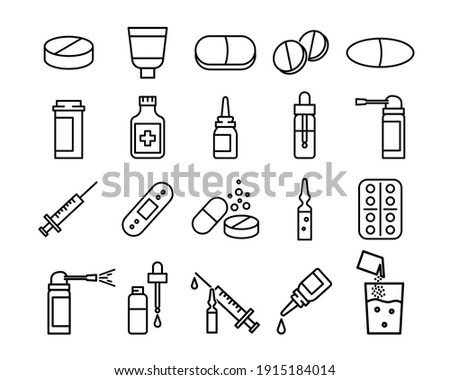Medical preparats flat icon set. Pictogram for web. Line stroke. Isolated on white background. Vector eps10. Preparats for health care