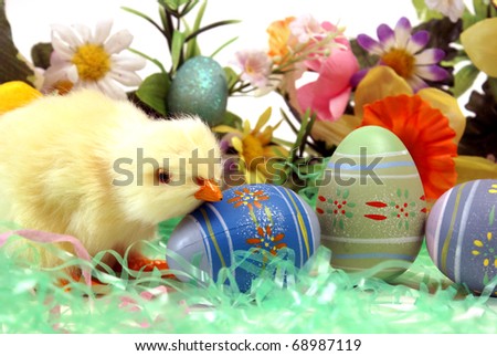 A chick with some easter eggs and flowers.