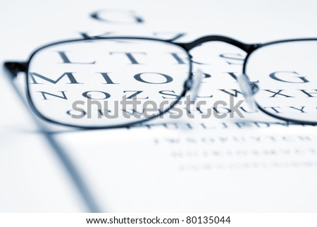 An eye chart with a pair of glasses and selective focus within the frames to emphasize vision correction.