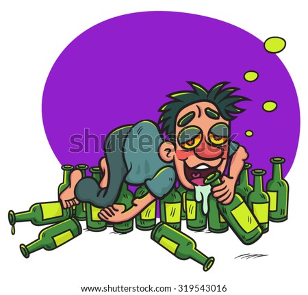 Cartoon Drunk Guy Lying On Alcohol Bottles On The Floor, Illustration ...