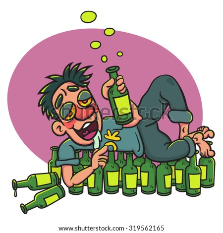 Cartoon Drunk Man With Bottle Lying On Alcohol Bottles On The Floor ...