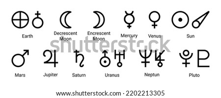 Simple alchemy icons, glyphs of planets. Set astrology and astronomy planet symbols. Outline icons, isolated on white background. Mystic planetary signs and symbols of ancient astrology and astronomy.